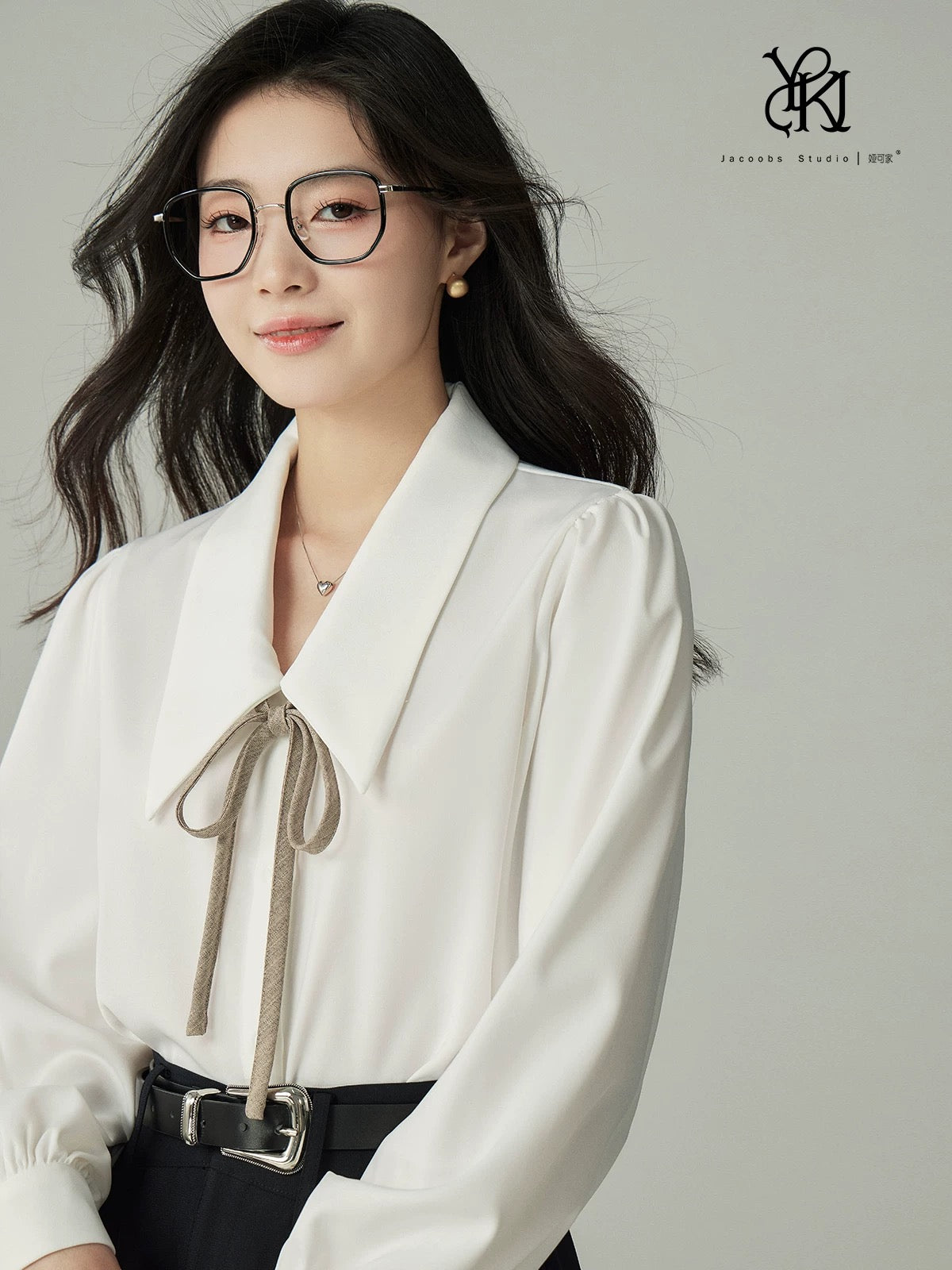 JACOOBS white large pointed collar shirt female drape long-sleeved top commuting spring and autumn design niche retro