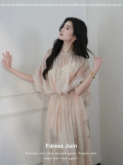 25. SS Dress Collection / Custom Printed Ethereal Resort Style Drawstring Loose Shirt + Skirt
