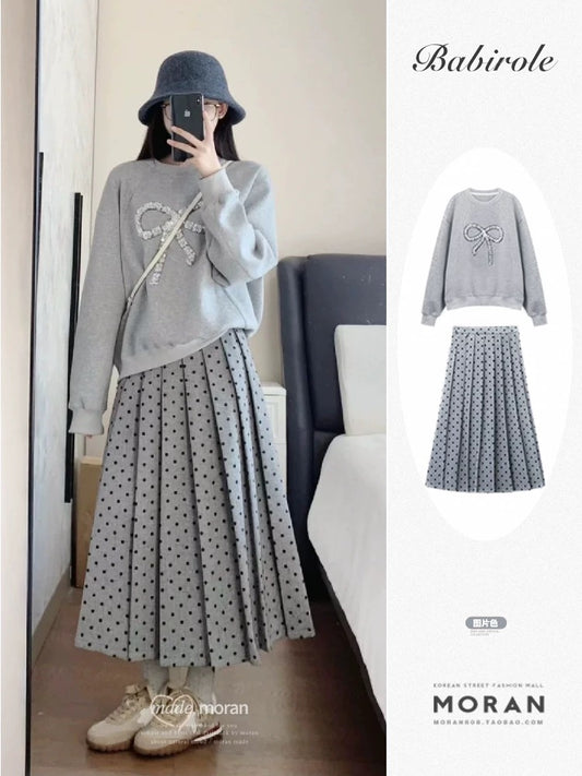 Korean style matching a complete set of spring and autumn high-end gray embroidered sweatshirt tops retro polka dot long skirt two-piece set