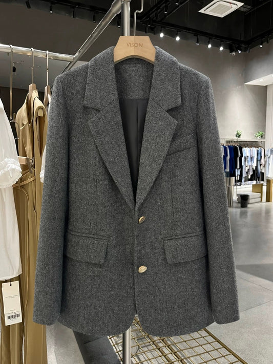 Gray herringbone wool suit jacket for women 2024 new autumn and winter Korean style high-quality textured small suit