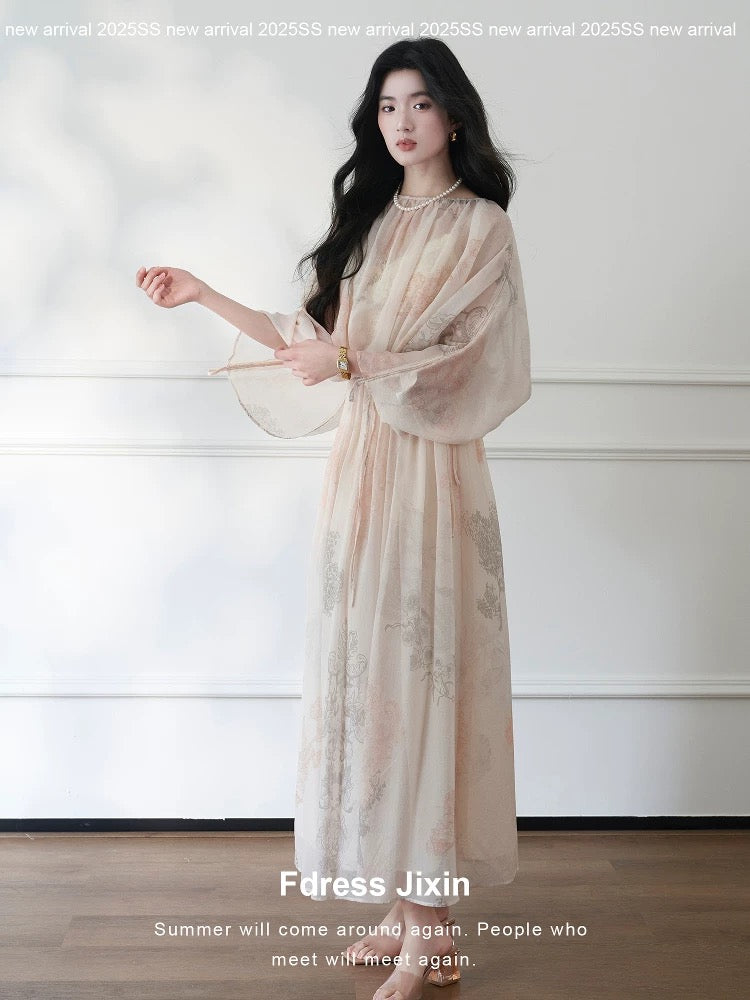 25. SS Dress Collection / Custom Printed Ethereal Resort Style Drawstring Loose Shirt + Skirt