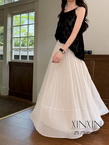 2025 summer new Korean style design high waist pleated chiffon slim skirt versatile fairy long skirt