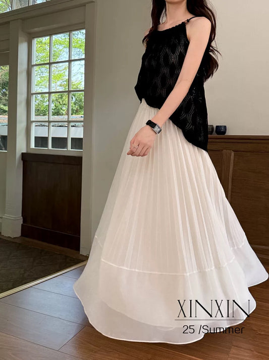 2025 summer new Korean style design high waist pleated chiffon slim skirt versatile fairy long skirt