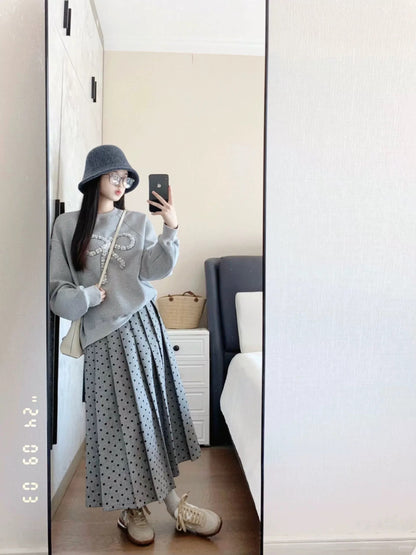 Korean style matching a complete set of spring and autumn high-end gray embroidered sweatshirt tops retro polka dot long skirt two-piece set