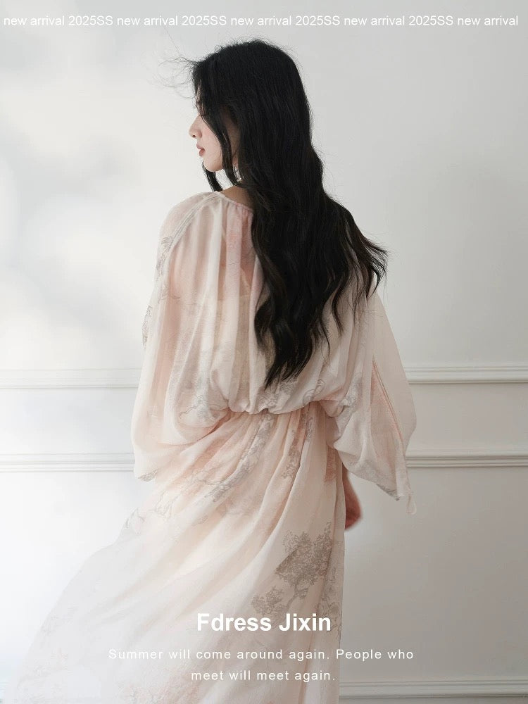 25. SS Dress Collection / Custom Printed Ethereal Resort Style Drawstring Loose Shirt + Skirt