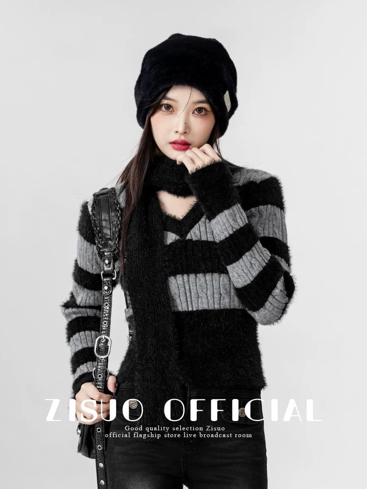 2026 Spring/Autumn New Retro Color Block V-Neck Sweater for Women, Slim Fit, Mohair Striped Base Knit Top