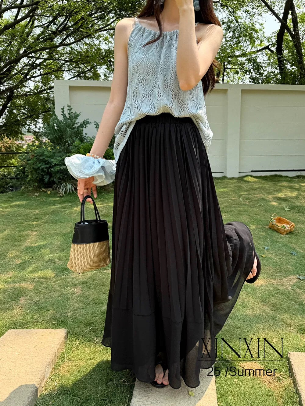 2025 summer new Korean style design high waist pleated chiffon slim skirt versatile fairy long skirt