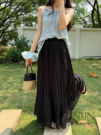 2025 summer new Korean style design high waist pleated chiffon slim skirt versatile fairy long skirt