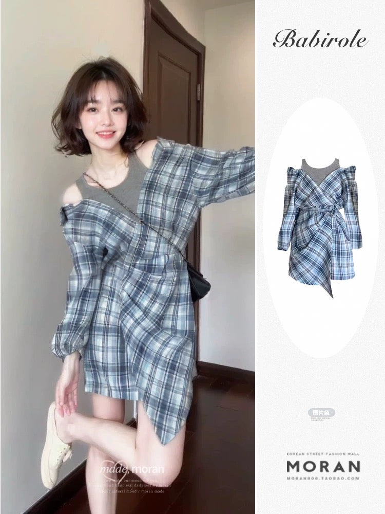 Korean atmosphere wear plaid fake two-piece shirt dress early spring new style waist design niche short skirt
