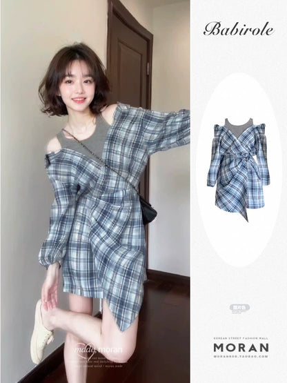 Korean atmosphere wear plaid fake two-piece shirt dress early spring new style waist design niche short skirt