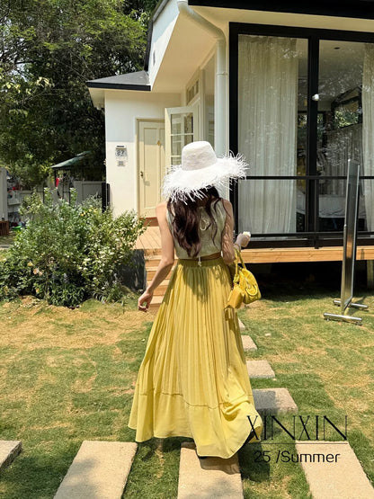 2025 summer new Korean style design high waist pleated chiffon slim skirt versatile fairy long skirt