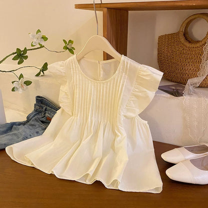Fresh and tranquil blue organ pleated pleated flying sleeve shirt for women summer French retro loose slim babydoll shirt