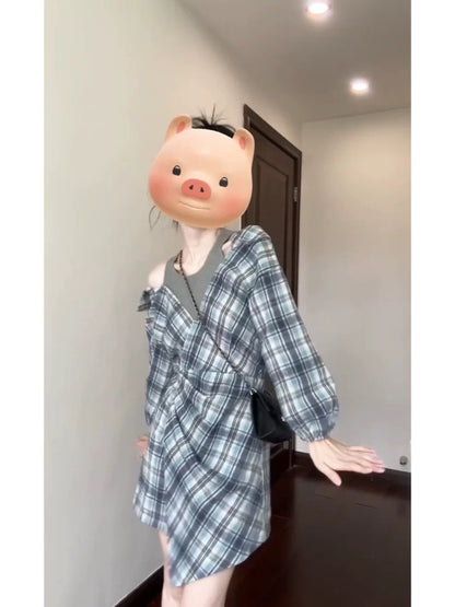 Korean atmosphere wear plaid fake two-piece shirt dress early spring new style waist design niche short skirt