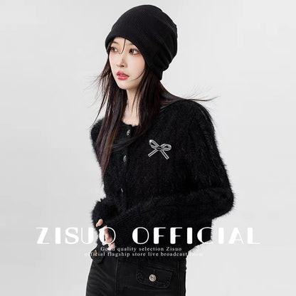 2026 Autumn/Winter New Style Mohair Black Cardigan for Women, Fashionable Short Knitted Top with Bow