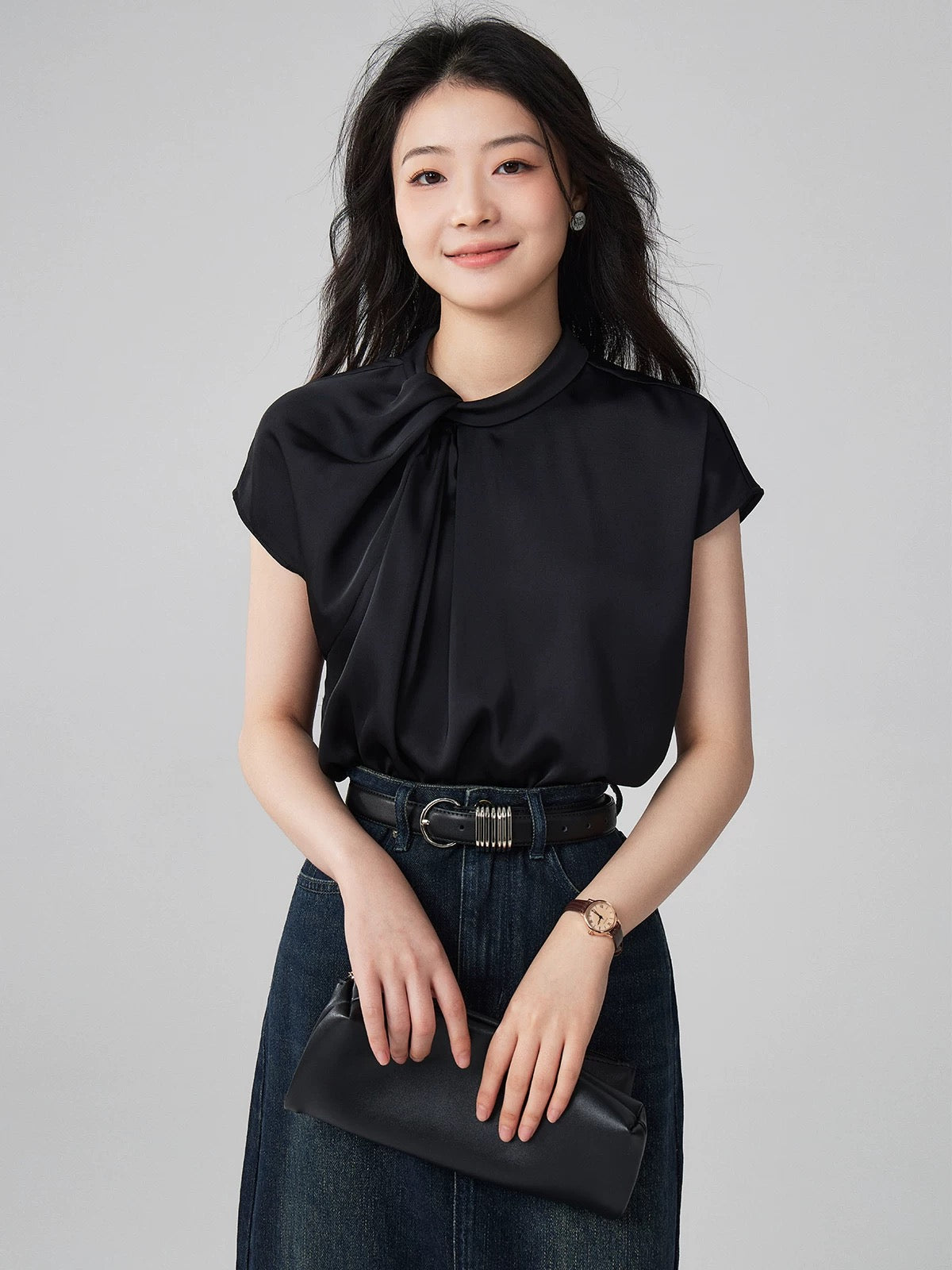 Yakejia 2025 Summer Pearl Bubble Champagne Niche Design Three-dimensional Pleated Temperament Commuter Shirt Top