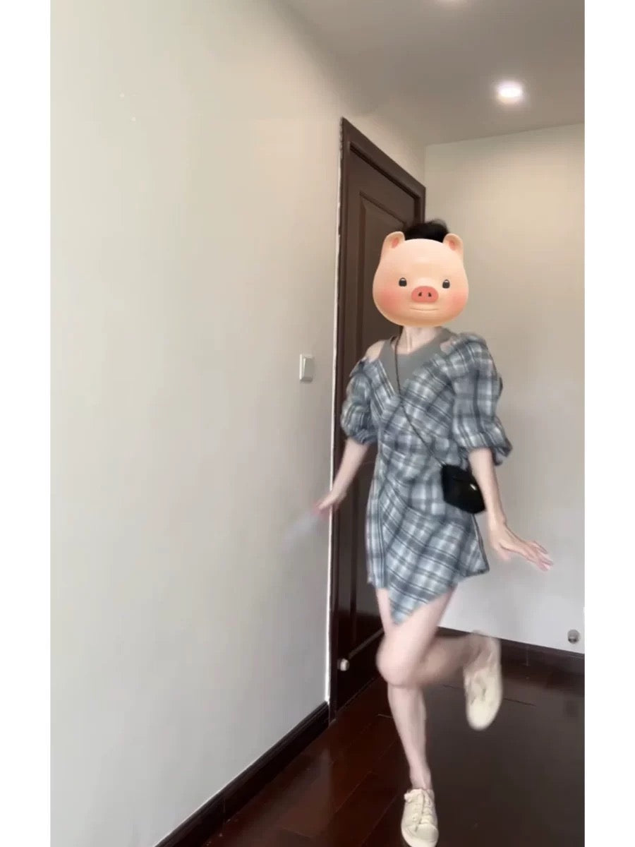 Korean atmosphere wear plaid fake two-piece shirt dress early spring new style waist design niche short skirt