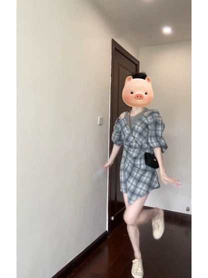 Korean atmosphere wear plaid fake two-piece shirt dress early spring new style waist design niche short skirt