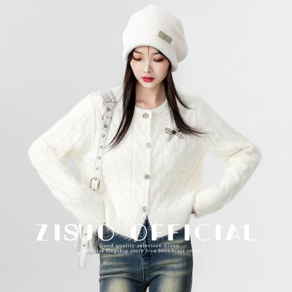 2026 Autumn/Winter New Style Mohair Black Cardigan for Women, Fashionable Short Knitted Top with Bow