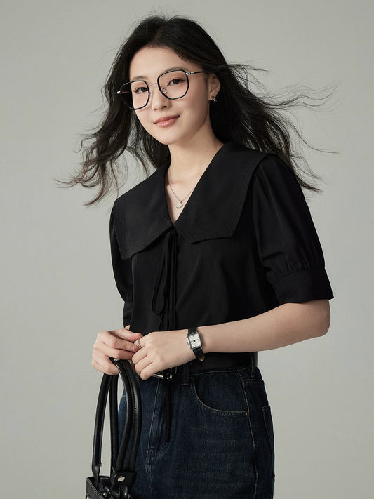 JACOOBS black navy collar short-sleeved shirt for women in summer, sweet and age-reducing French puff sleeve top