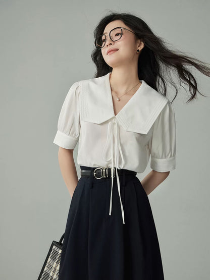JACOOBS black navy collar short-sleeved shirt for women in summer, sweet and age-reducing French puff sleeve top