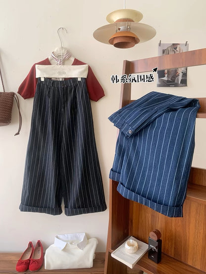 French navy blue temperament commuting striped denim cotton wide-leg pants for women autumn high waist big feet loose slimming casual pants