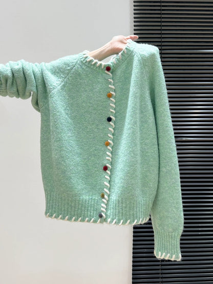 Green lazy round neck knitted cardigan long sleeve sweater thickened women 2025 autumn and winter wear coat loose top