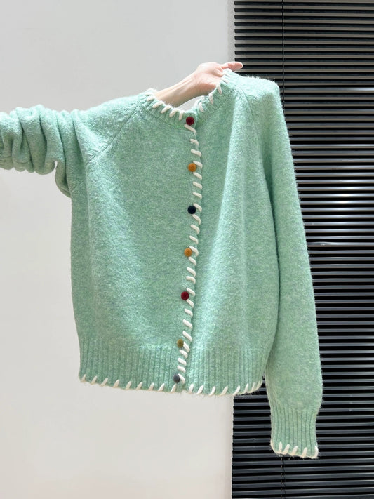Green lazy round neck knitted cardigan long sleeve sweater thickened women 2025 autumn and winter wear coat loose top