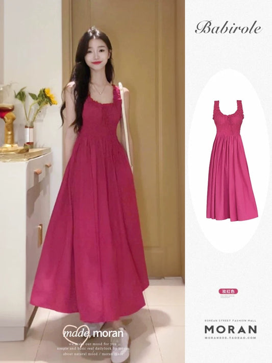 French retro rose red U-neck suspender long skirt pleated waist slimming wide swing dress for women summer salt style light mature