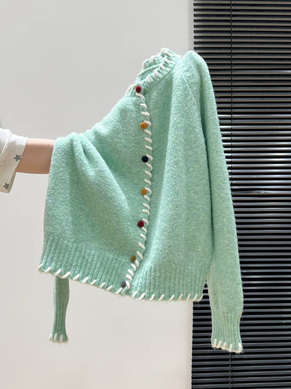 Green lazy round neck knitted cardigan long sleeve sweater thickened women 2025 autumn and winter wear coat loose top