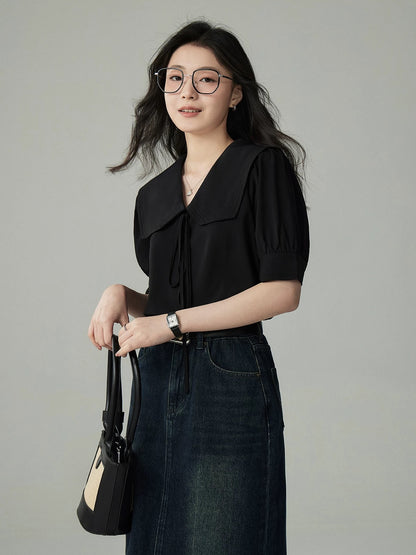 JACOOBS black navy collar short-sleeved shirt for women in summer, sweet and age-reducing French puff sleeve top