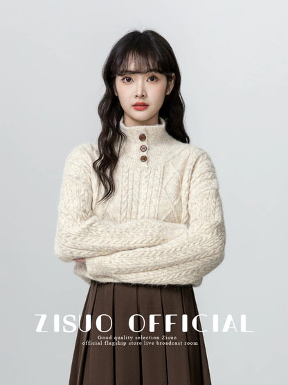 Women's Half-High Neck Cable Knit Sweater, Autumn/Winter 2026 New Style, Warm and Thick, Half-Open Neck Pullover Knitwear Base Layer Top