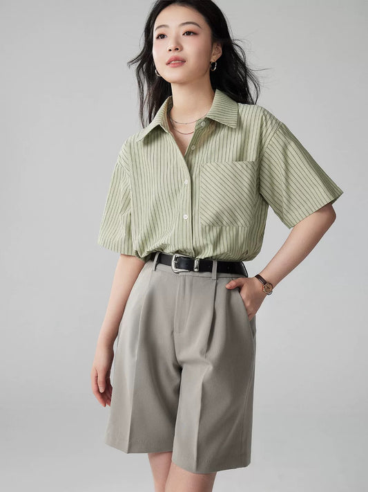 Yakejia green striped short-sleeved shirt for women in summer, loose and breathable, not stuffy, professional commuting, versatile shirt