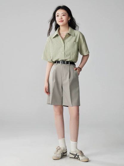 Yakejia green striped short-sleeved shirt for women in summer, loose and breathable, not stuffy, professional commuting, versatile shirt