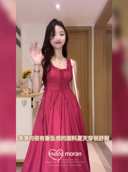 French retro rose red U-neck suspender long skirt pleated waist slimming wide swing dress for women summer salt style light mature