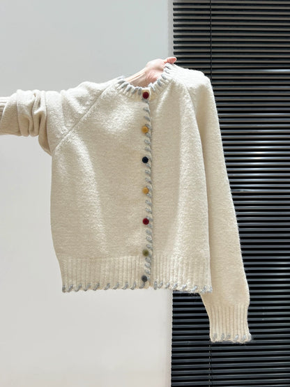 Green lazy round neck knitted cardigan long sleeve sweater thickened women 2025 autumn and winter wear coat loose top