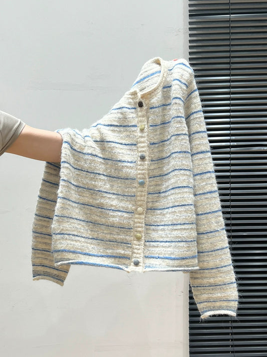 Blue striped round neck knitted bottoming cardigan long sleeve sweater women's autumn and winter thickened coat inner wear outer wear top