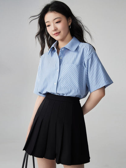 Yakejia green striped short-sleeved shirt for women in summer, loose and breathable, not stuffy, professional commuting, versatile shirt