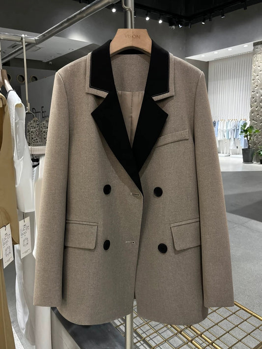 Gray high-quality texture contrast color stitching suit jacket for women 2025 spring new style this year popular chic suit autumn