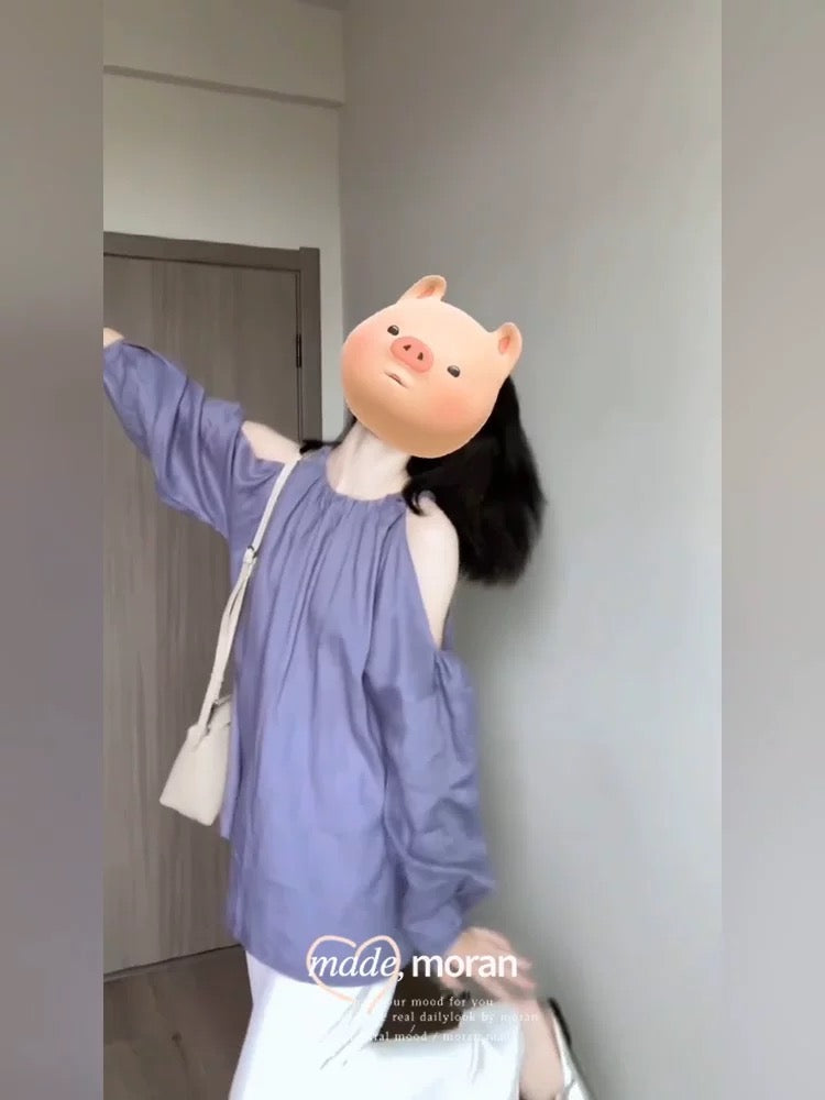 Korean chic early spring style outfit, a complete set of off-shoulder halterneck lazy tops, casual long-sleeved 2025 new styles for women