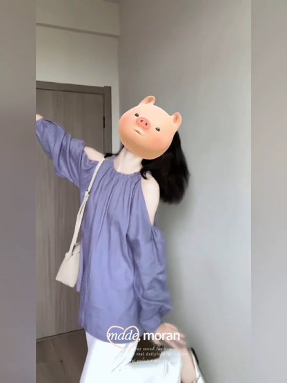 Korean chic early spring style outfit, a complete set of off-shoulder halterneck lazy tops, casual long-sleeved 2025 new styles for women