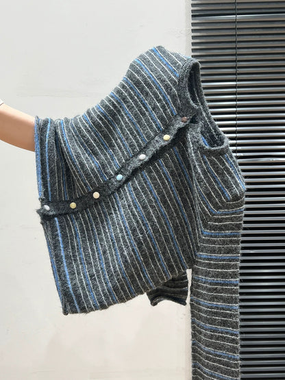 Blue striped round neck knitted bottoming cardigan long sleeve sweater women's autumn and winter thickened coat inner wear outer wear top