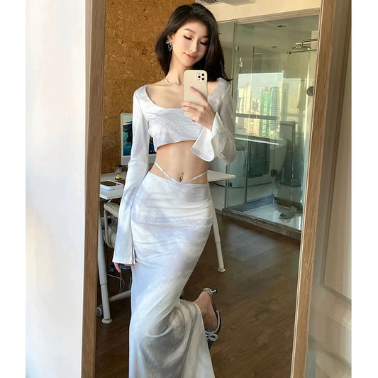 Summer new model Yujie short waistless top Internet celebrity fashion stretch mesh snake pattern slit skirt suit for women