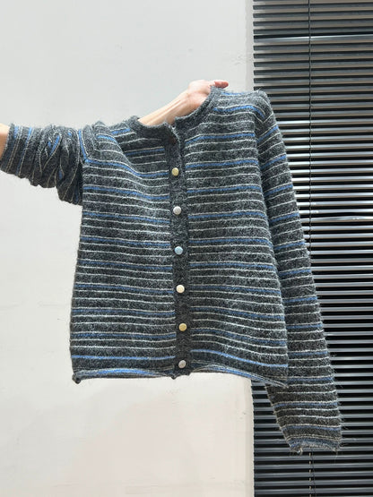 Blue striped round neck knitted bottoming cardigan long sleeve sweater women's autumn and winter thickened coat inner wear outer wear top