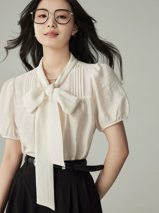 Yakejia Tencel mixed linen shirt V-neck white French retro shirt bow tie short-sleeved top female summer