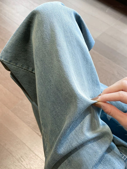 Tencel jeans women's summer thin 2025 new small elastic waist straight loose ice silk wide leg pants