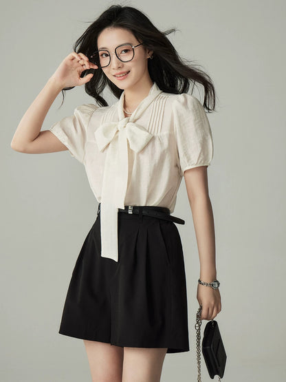 Yakejia Tencel mixed linen shirt V-neck white French retro shirt bow tie short-sleeved top female summer