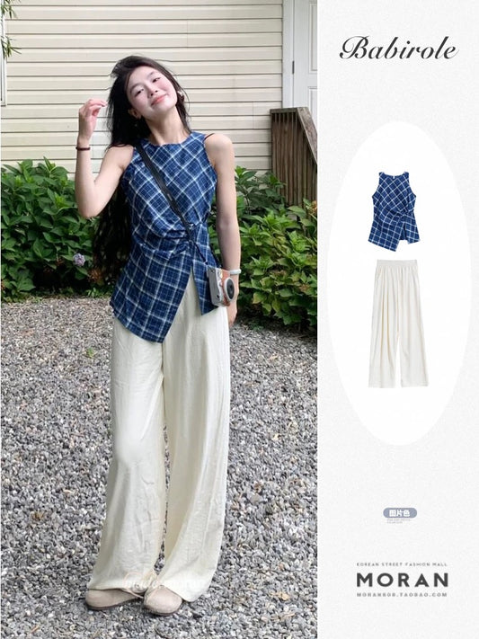 Fashionable summer two-piece suit for street style, irregular slit vest top, casual wide-leg pants, unique and chic suit for women