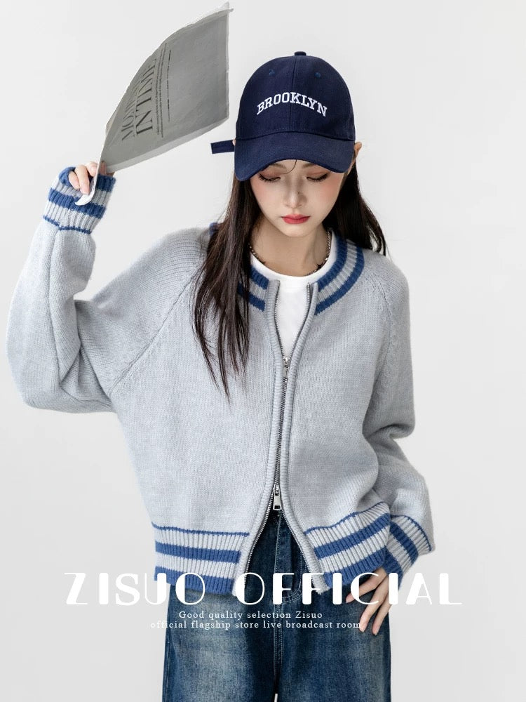 2026 Spring/Autumn New Style Double Zipper Gray Sweater Cardigan for Women, Loose Knit Baseball Jacket, Short Top, Trendy