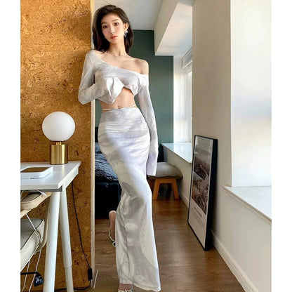 Summer new model Yujie short waistless top Internet celebrity fashion stretch mesh snake pattern slit skirt suit for women