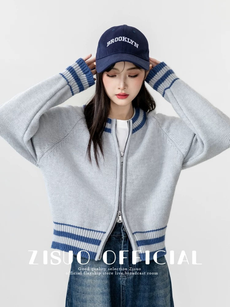 2026 Spring/Autumn New Style Double Zipper Gray Sweater Cardigan for Women, Loose Knit Baseball Jacket, Short Top, Trendy